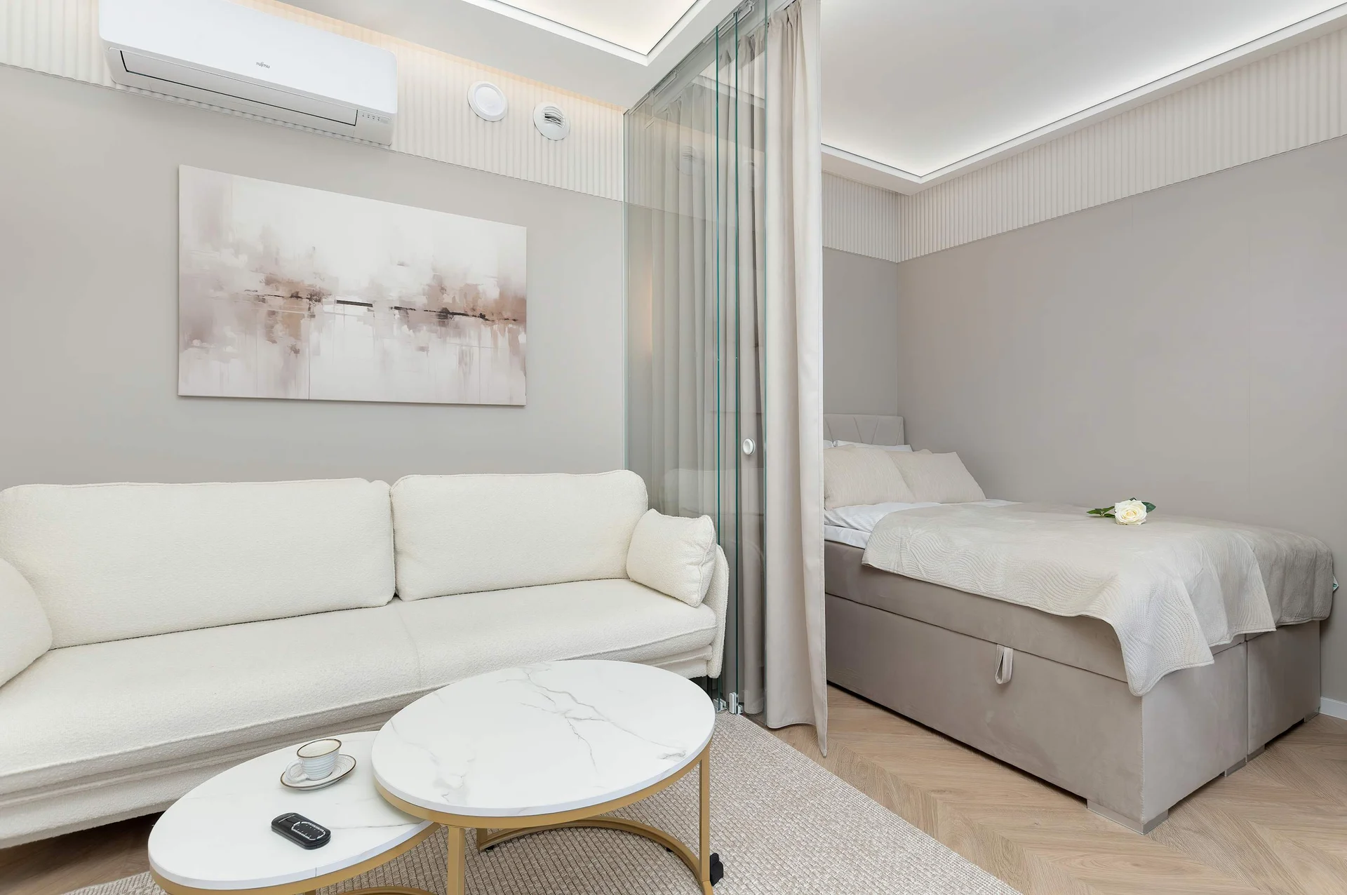 Stylish studio interior with round coffee table and sophisticated design details