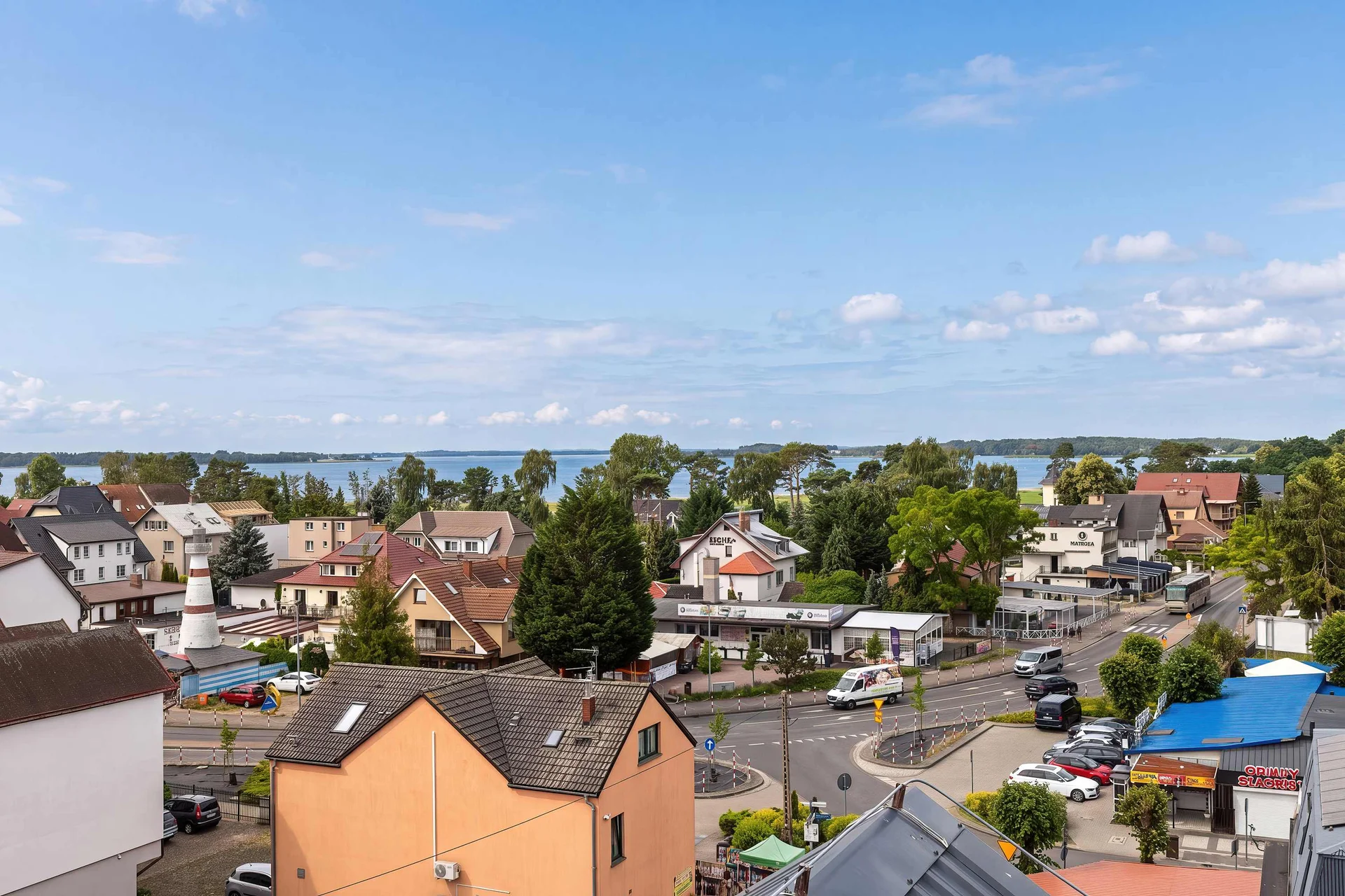 Beautiful sea view overlooking the surrounding rooftops and the coastline.