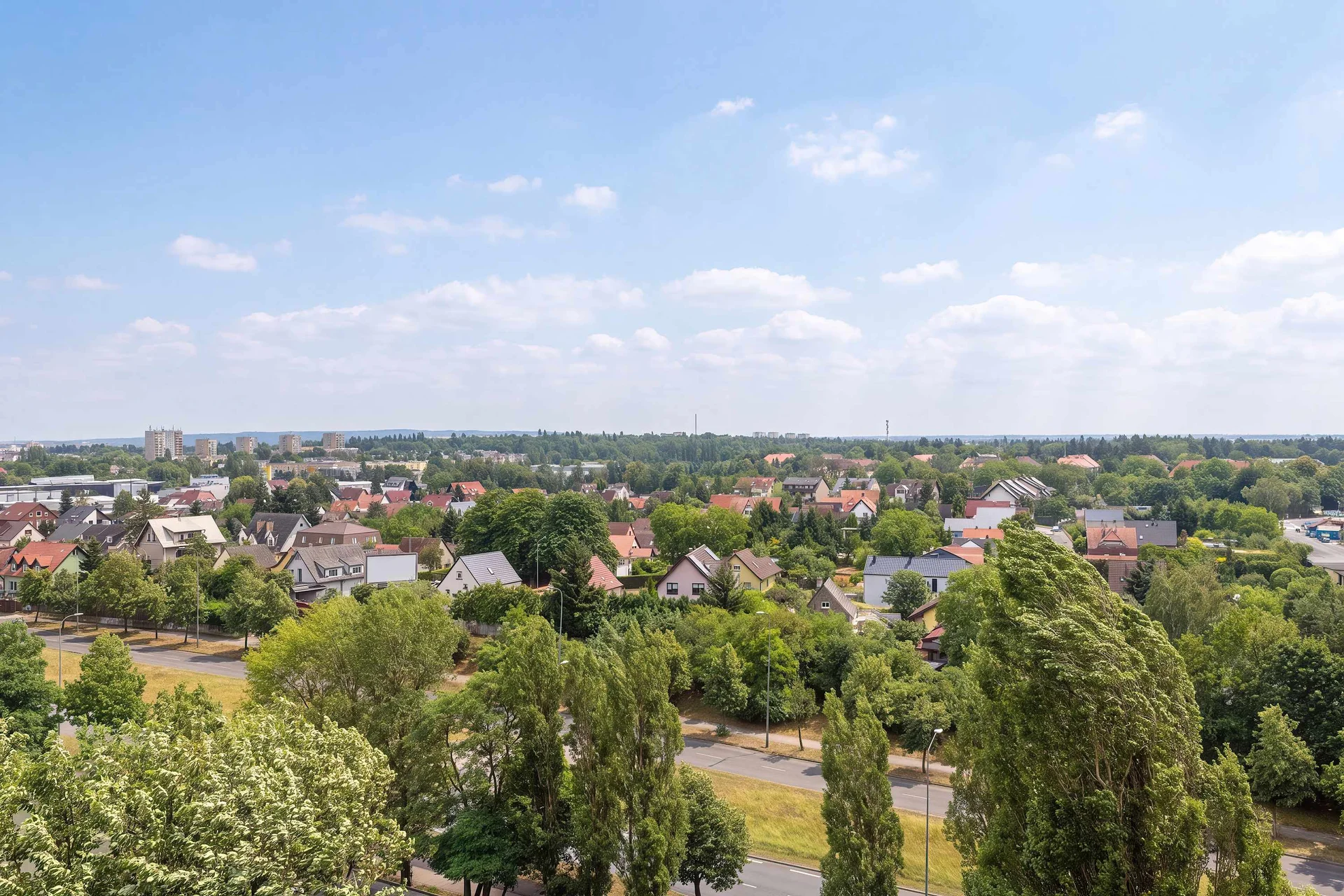 A panoramic view of a green residential area and the city skyline. Trees and nearby buildings can be seen in the distance.