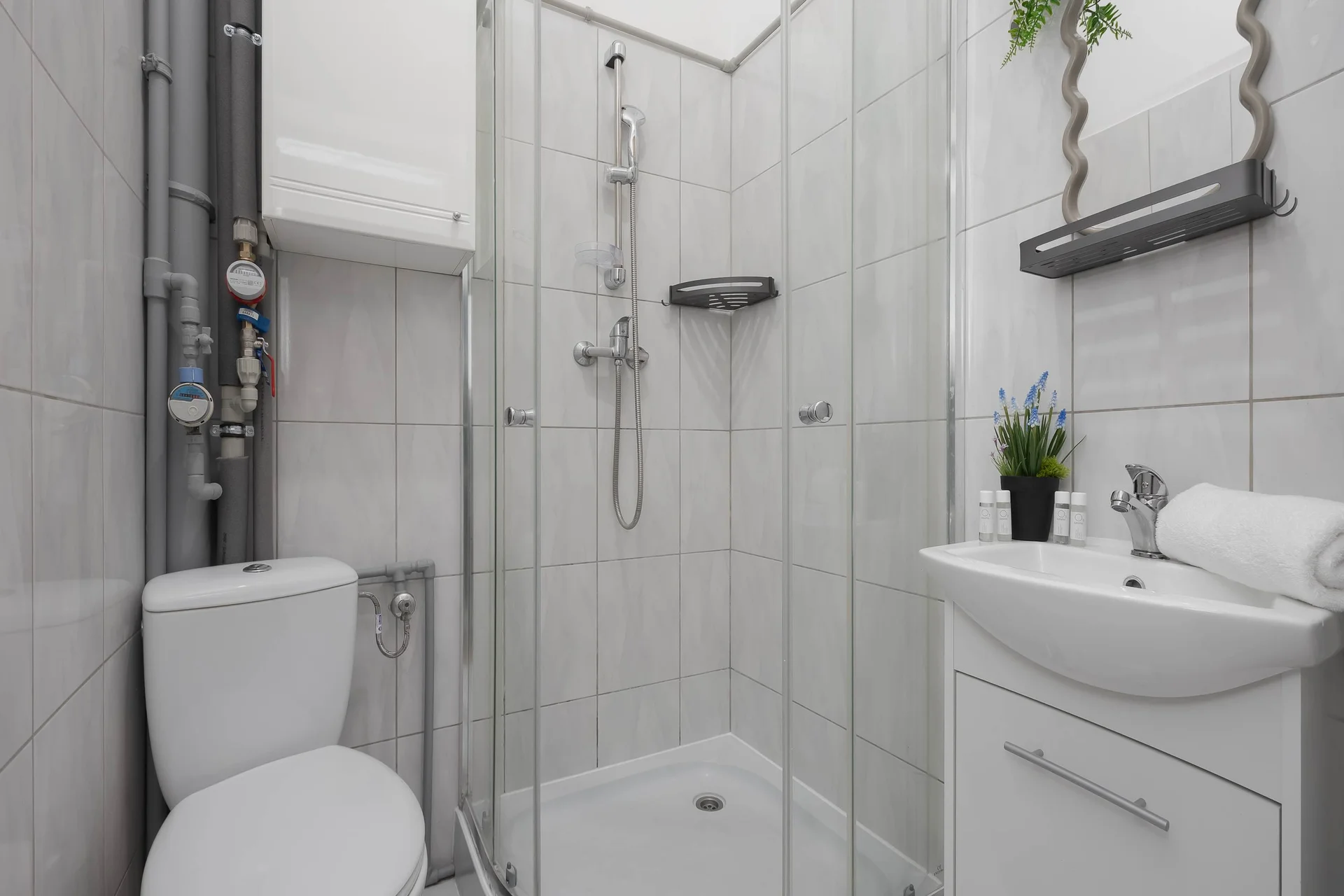 A compact bathroom features light grey tiling and a glass-enclosed walk-in shower. A white toilet is installed on the left side of the frame, while a white vanity sink with a small storage drawer sits to the right. A decorative plant adds a touch of