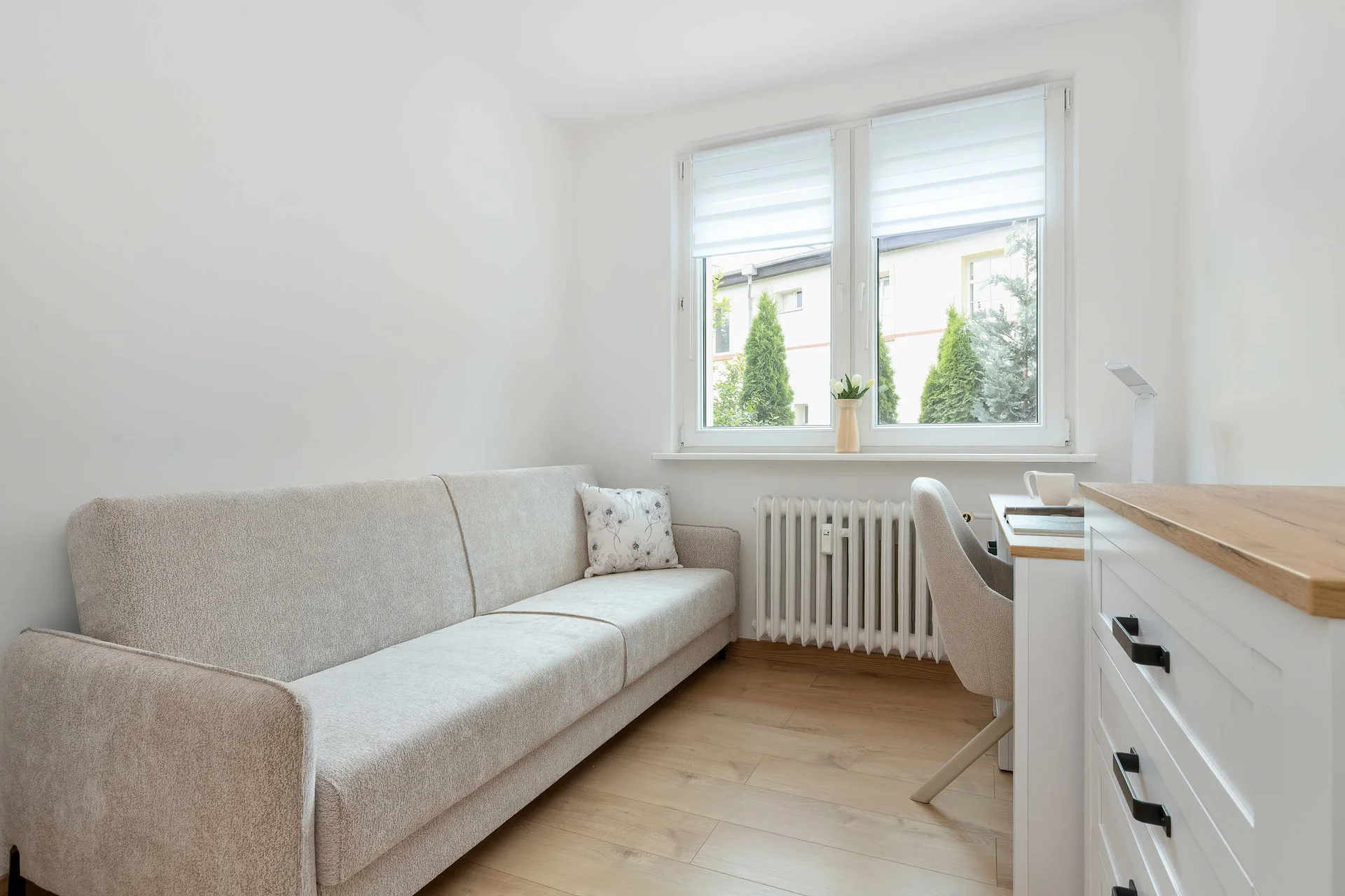A compact bedroom features a sofa bed beside a window overlooking greenery. A small dresser provides practical storage without taking up much space.