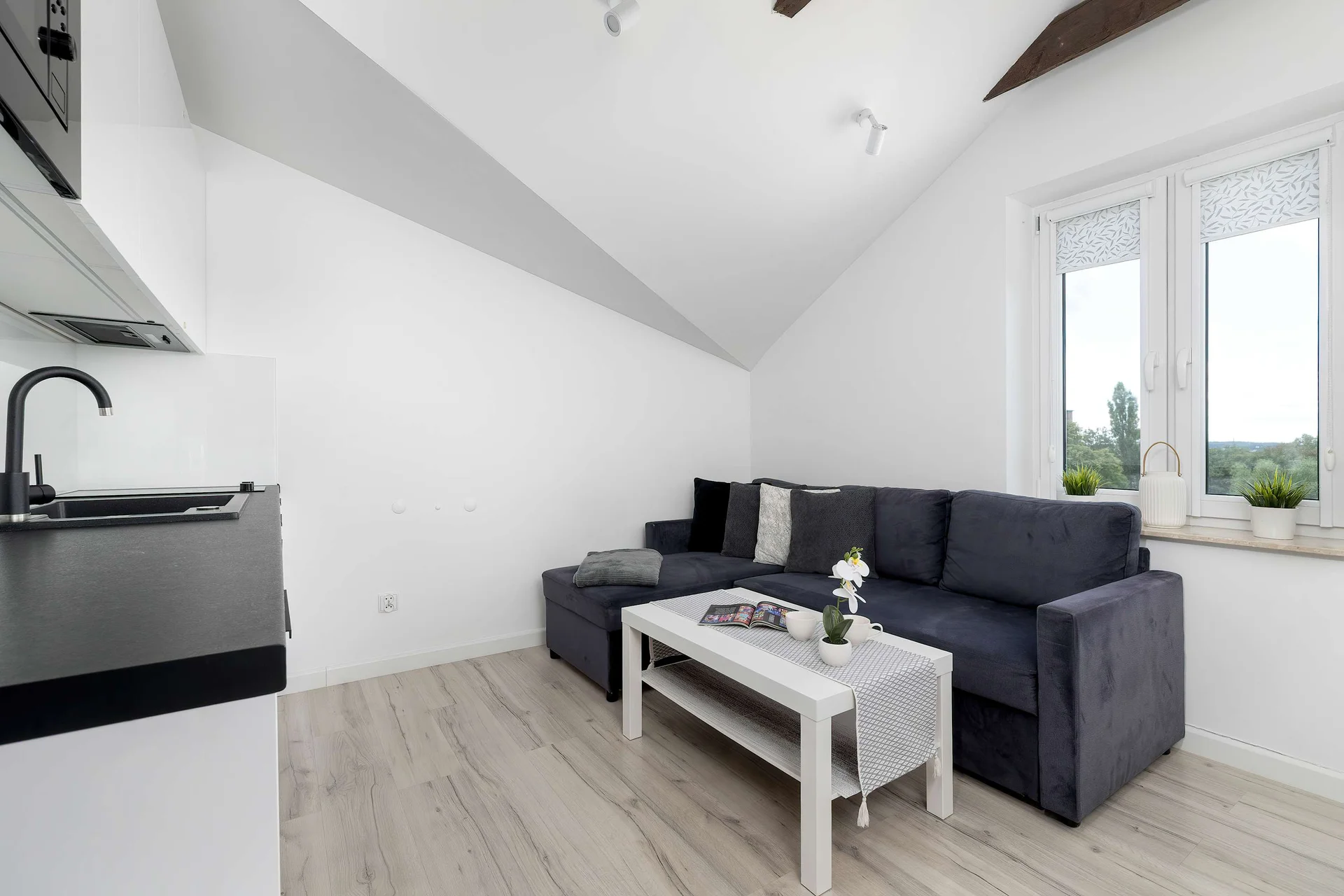 A bright living area with a gray sofa, coffee table, and compact kitchenette. Large windows and wooden beams add charm to the space.