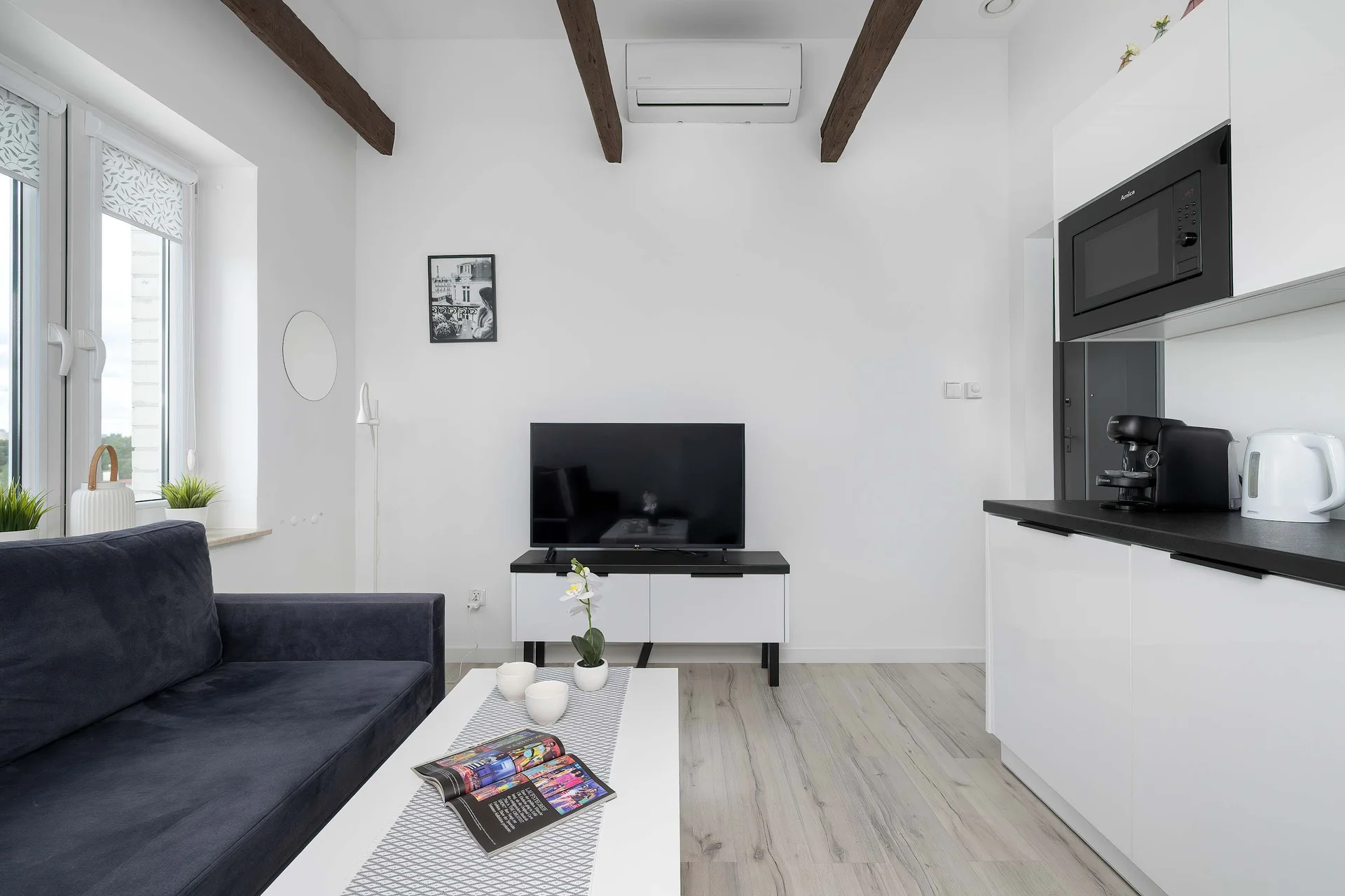 A bright living room with a sofa, coffee table, TV, and a modern kitchenette. The open layout creates a comfortable and functional space.