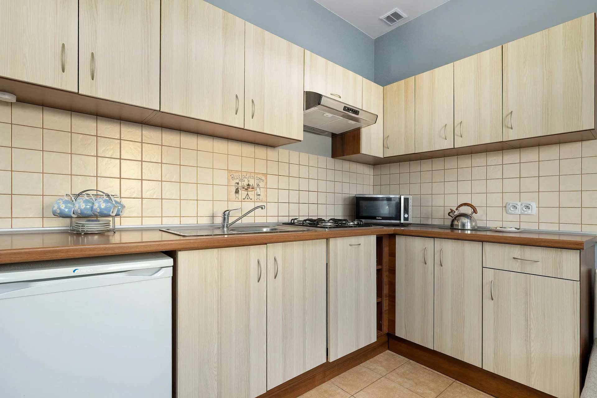 Fully equipped kitchenette with cabinets, a refrigerator, a stovetop, a sink, and everything needed to prepare meals.