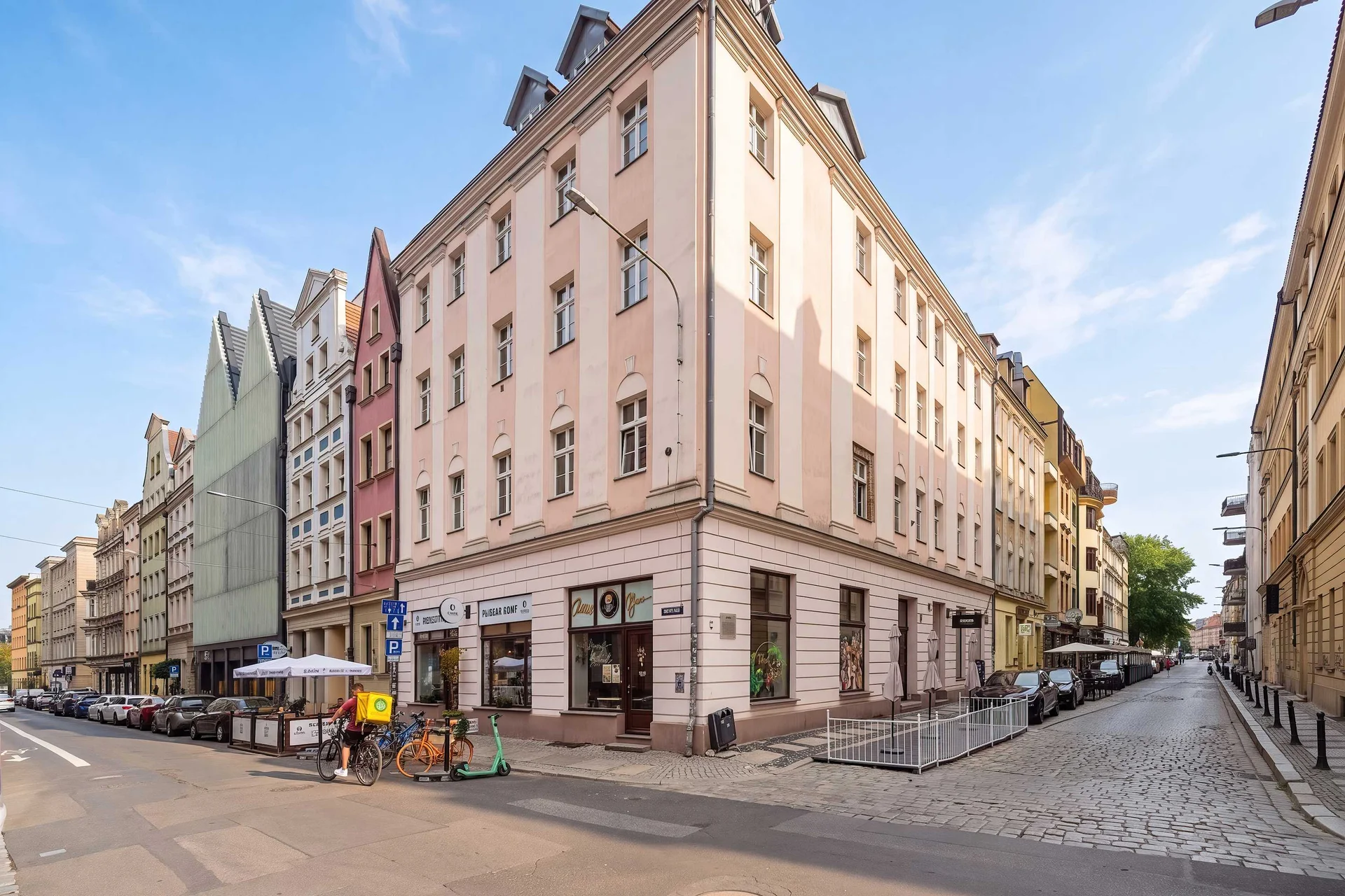 Charming historic building situated on a picturesque city street corner.