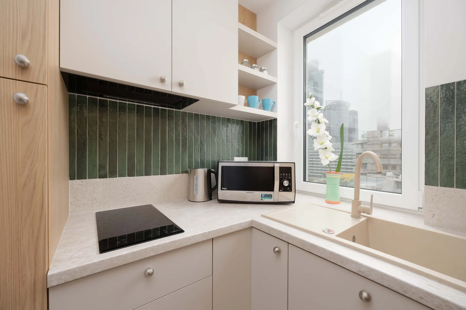 The kitchen's modern appliances make meal preparation easy.