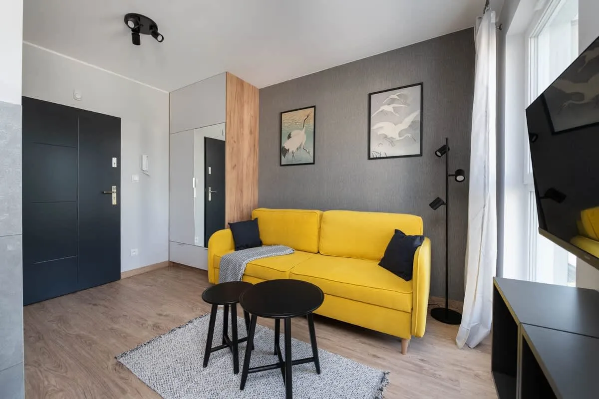 The elegant living area featuring a double sofa bed, perfect for relaxing or sleeping.