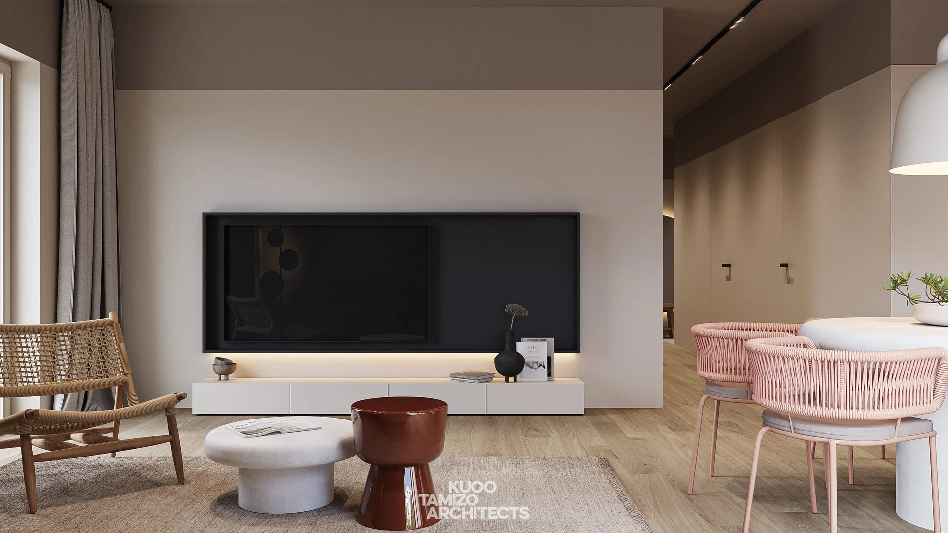 The lounge area focuses on a large flat-screen TV and a low-profile media console, perfect for relaxing entertainment.