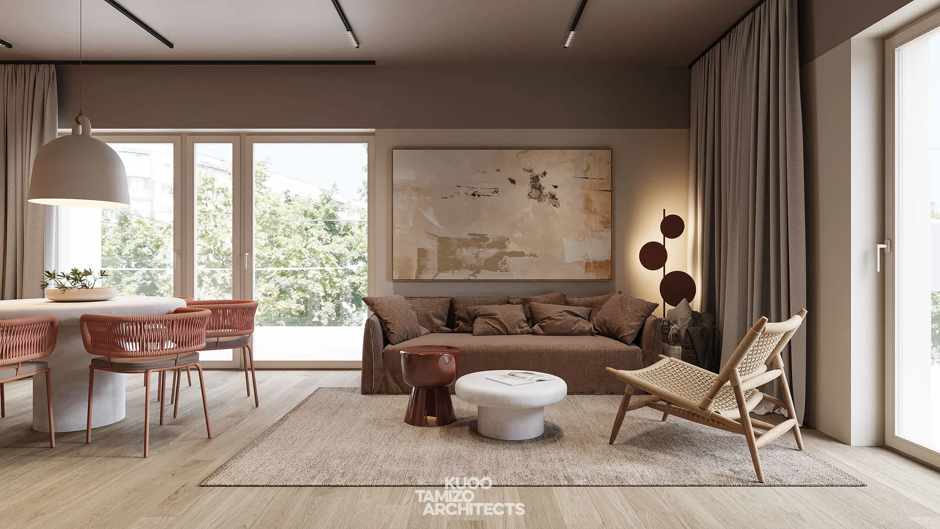 A wide-angle shot captures the harmony between the soft gray sofa and the dining area set for a meal.