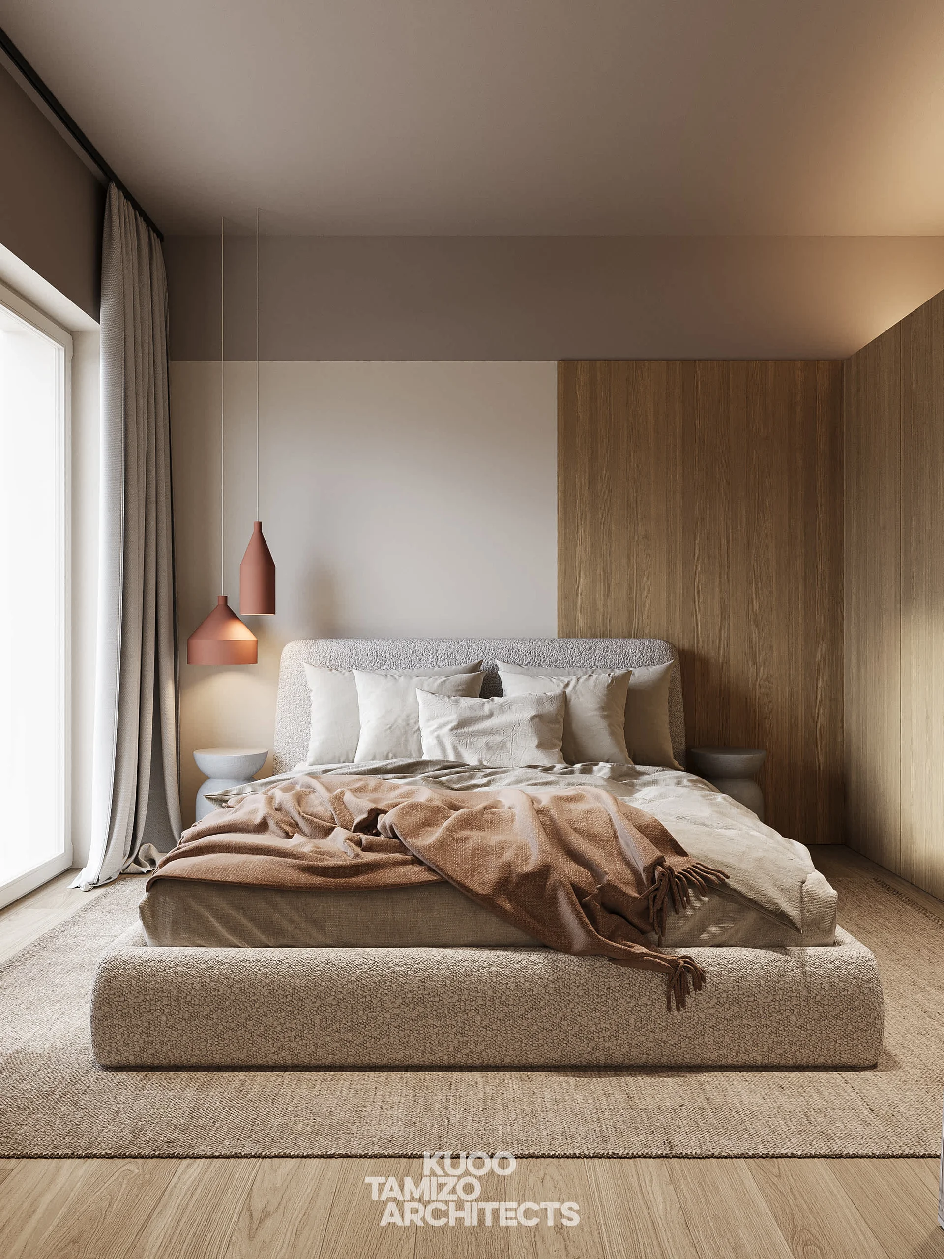 A spacious bedroom offers a large double bed with crisp white linens and a warm, wooden accent wall behind the headboard.
