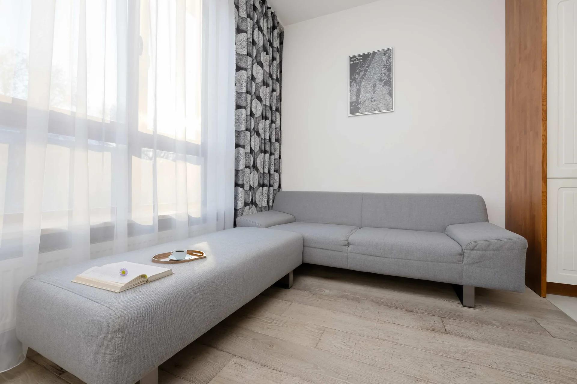 Bright living room with sofa bed and natural daylight.