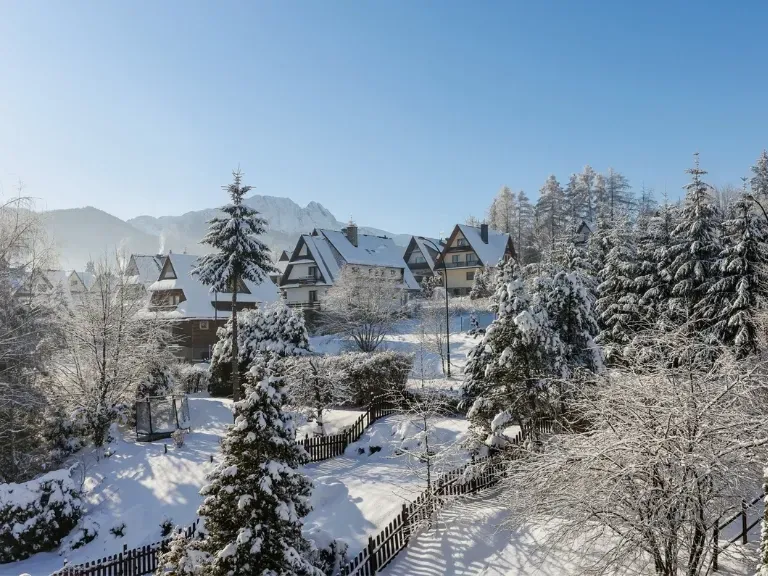 Domy w górach, w tle góry, zima, Zakopane