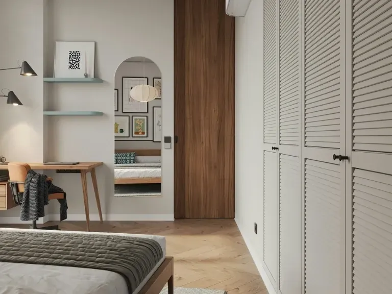 Apartament, wnętrze, biurko, lustro, szafa