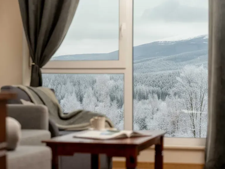 Widok z okna na zaśnieżony las, góry