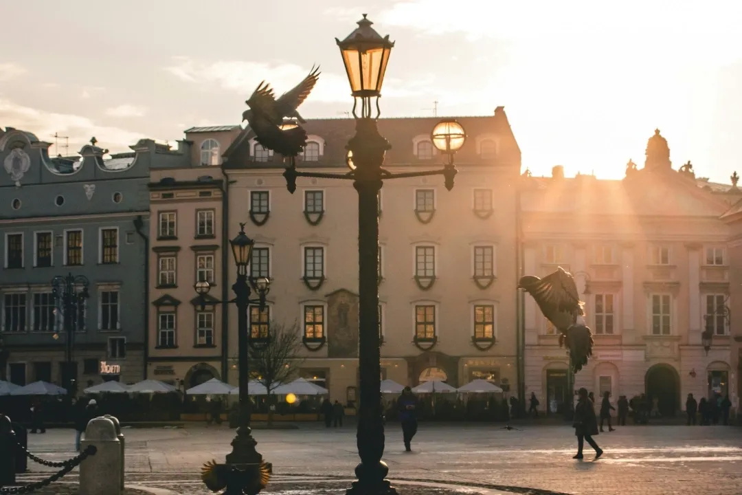 Rynek główny w Krakowie, promienie słońca, gołębie